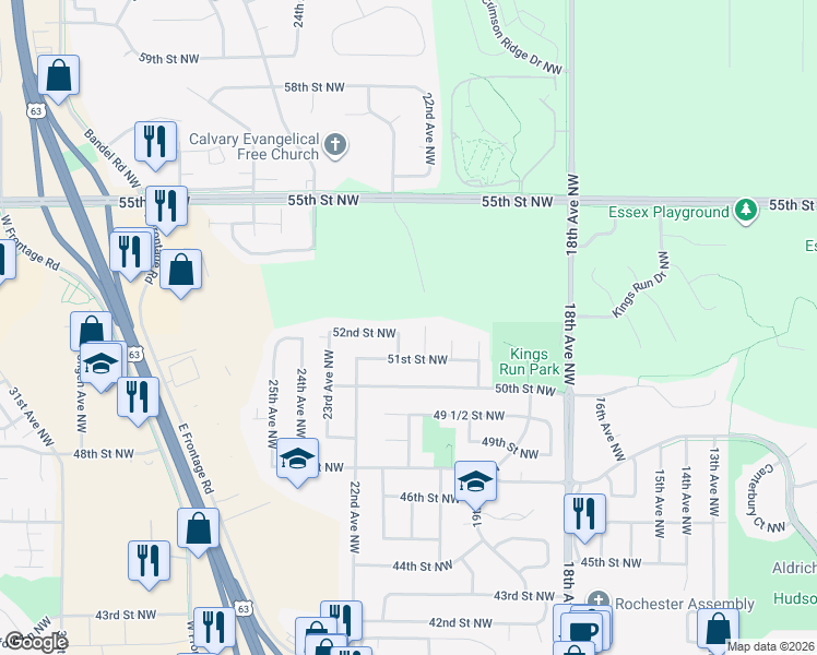map of restaurants, bars, coffee shops, grocery stores, and more near 5128 21st Avenue Northwest in Rochester