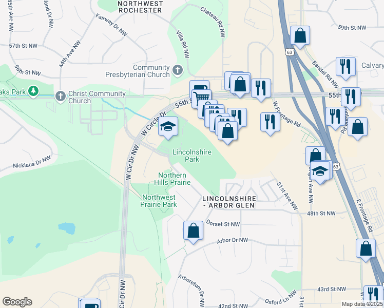 map of restaurants, bars, coffee shops, grocery stores, and more near 5276 Members Parkway Northwest in Rochester