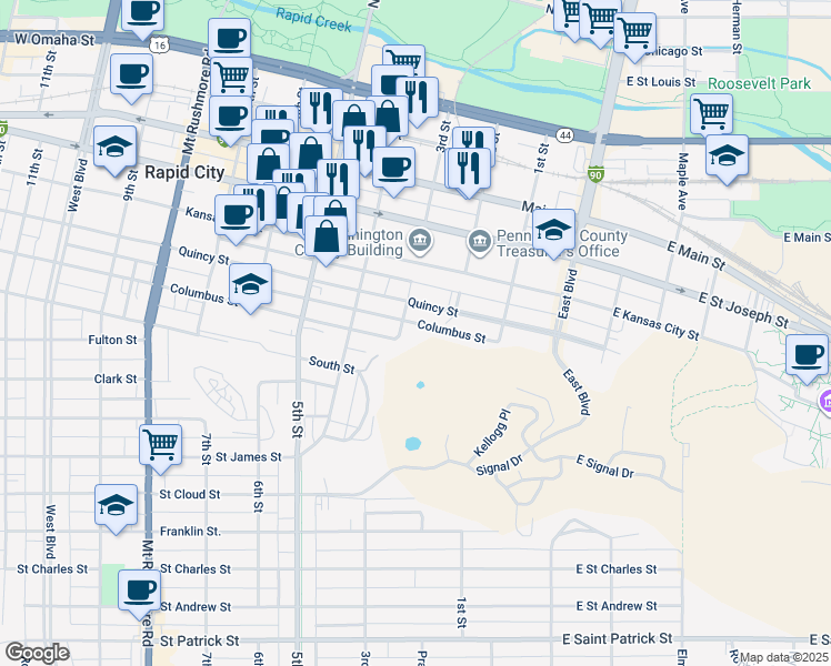 map of restaurants, bars, coffee shops, grocery stores, and more near 828 3rd Street in Rapid City