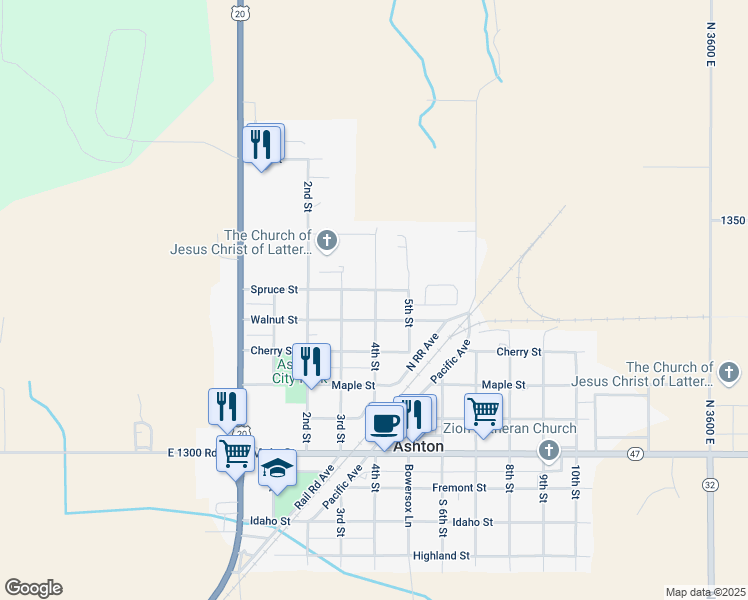 map of restaurants, bars, coffee shops, grocery stores, and more near 4th Street in Ashton