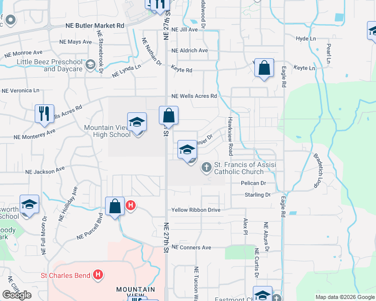 map of restaurants, bars, coffee shops, grocery stores, and more near 2580 Northeast 27th Street in Bend