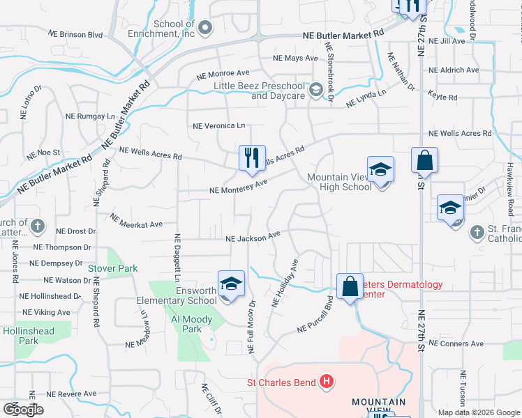 map of restaurants, bars, coffee shops, grocery stores, and more near 2567 Northeast Ocker Drive in Bend