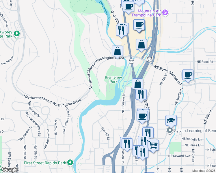 map of restaurants, bars, coffee shops, grocery stores, and more near 2595 Northwest Rippling River Court in Bend