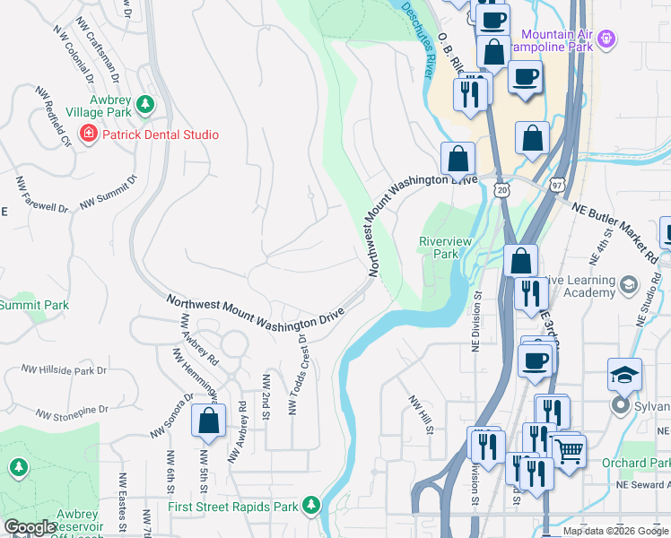 map of restaurants, bars, coffee shops, grocery stores, and more near 2533 Northwest Pine Terrace Drive in Bend