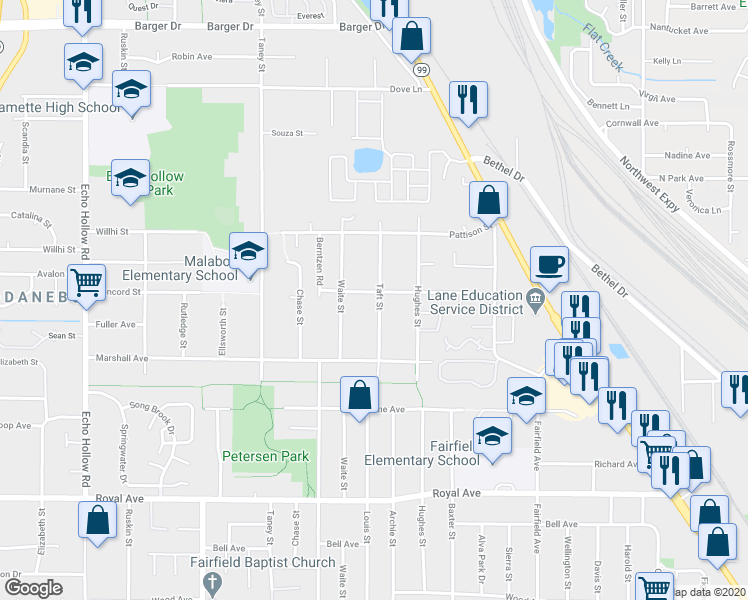 map of restaurants, bars, coffee shops, grocery stores, and more near 3730 Concord Street in Eugene