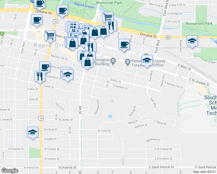 map of restaurants, bars, coffee shops, grocery stores, and more near 828 3rd Street in Rapid City