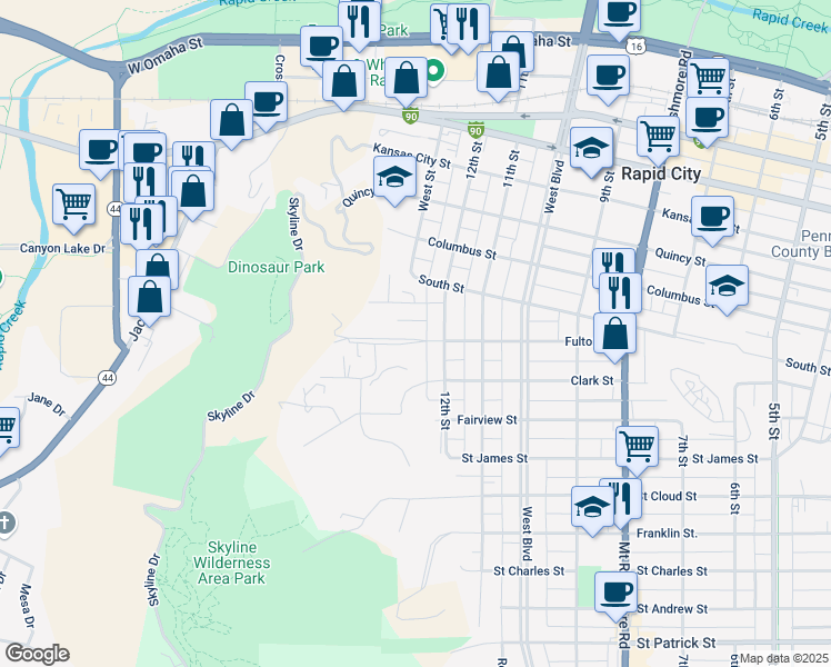 map of restaurants, bars, coffee shops, grocery stores, and more near 1218 Fulton Street in Rapid City