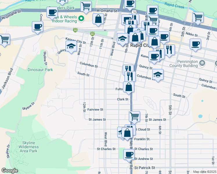 map of restaurants, bars, coffee shops, grocery stores, and more near 1016 West Boulevard in Rapid City