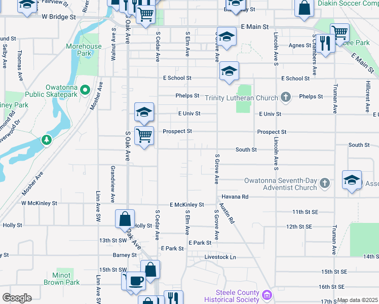 map of restaurants, bars, coffee shops, grocery stores, and more near 201 South Street in Owatonna