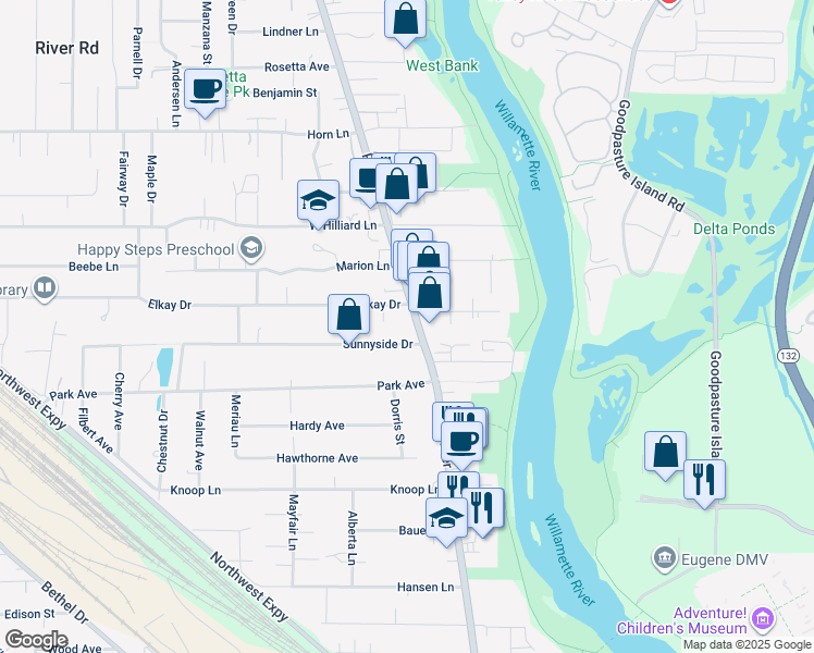 map of restaurants, bars, coffee shops, grocery stores, and more near 880 River Road in Eugene