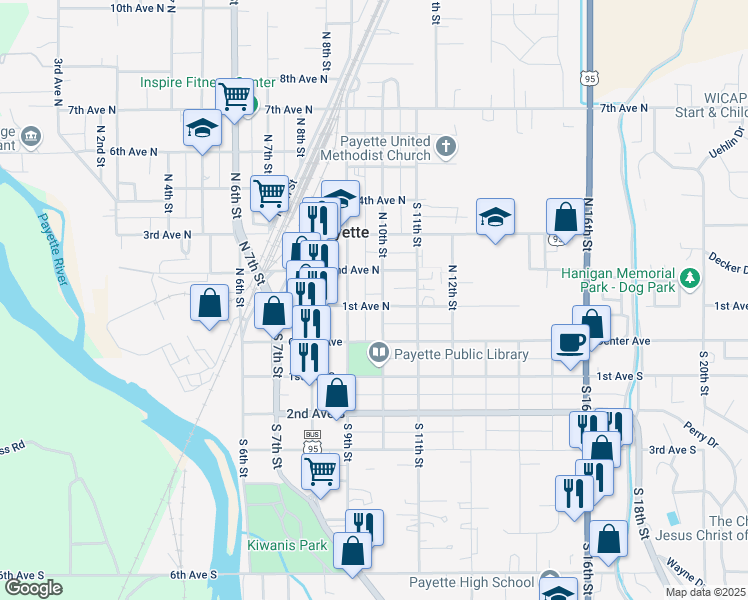 map of restaurants, bars, coffee shops, grocery stores, and more near 925 1st Avenue North in Payette