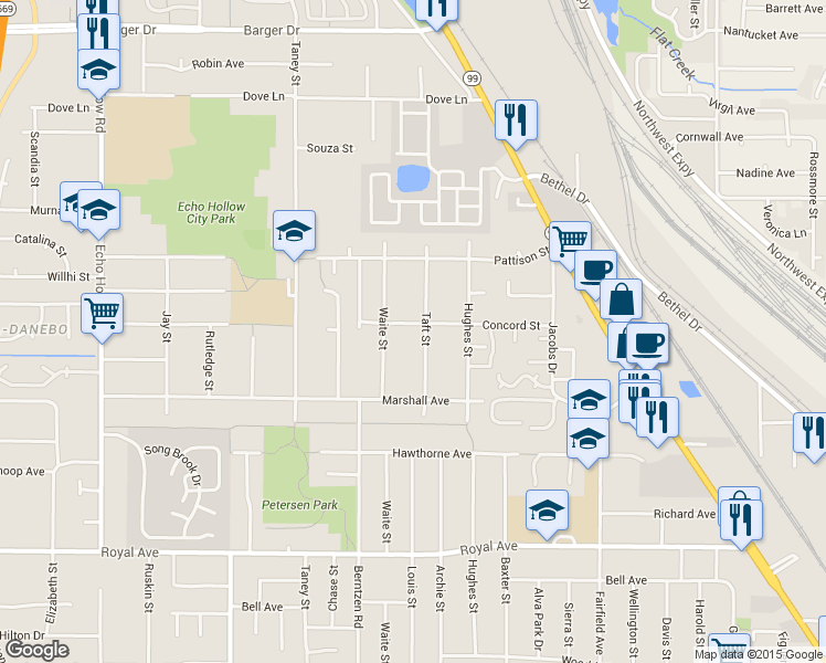 map of restaurants, bars, coffee shops, grocery stores, and more near 3730 Concord Street in Eugene