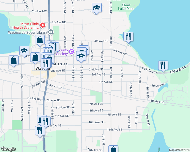 map of restaurants, bars, coffee shops, grocery stores, and more near 608 3rd Avenue Southeast in Waseca