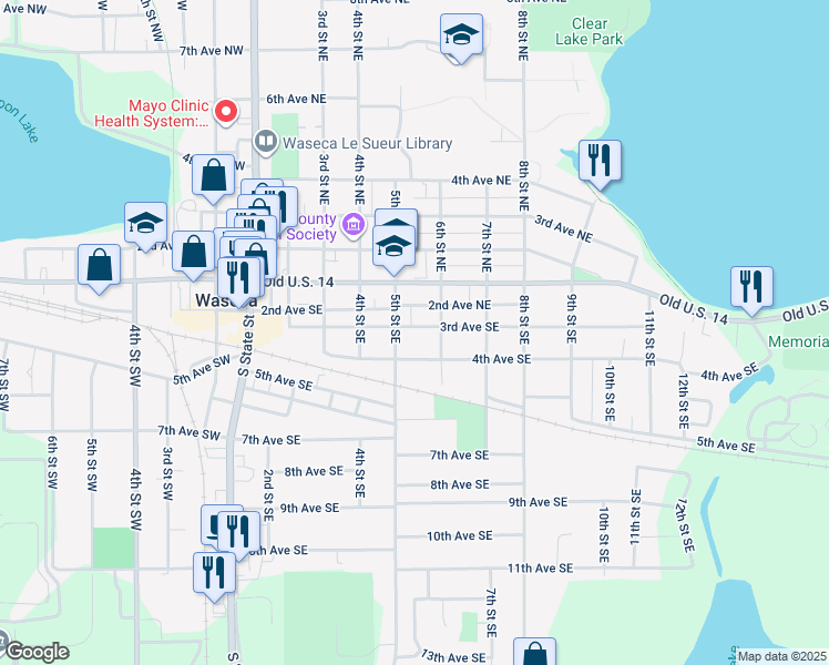 map of restaurants, bars, coffee shops, grocery stores, and more near 508 3rd Avenue Southeast in Waseca
