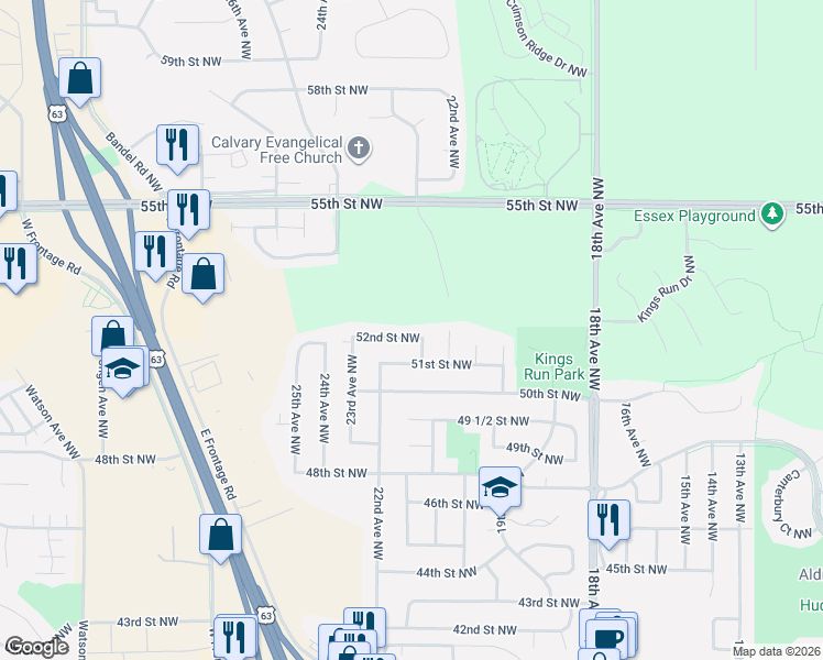 map of restaurants, bars, coffee shops, grocery stores, and more near 2115 52nd Street Northwest in Rochester