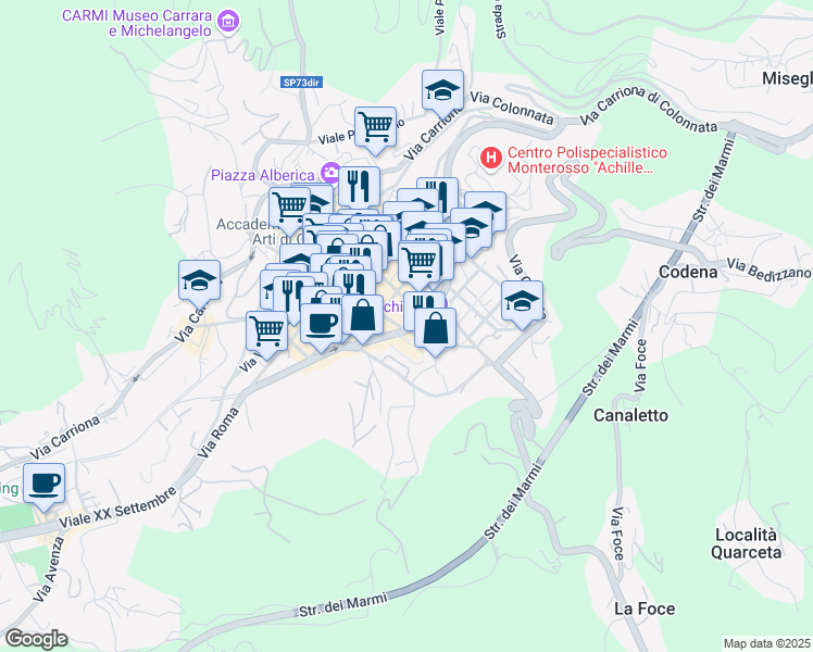 map of restaurants, bars, coffee shops, grocery stores, and more near 3 Via del Cavatore in Carrara
