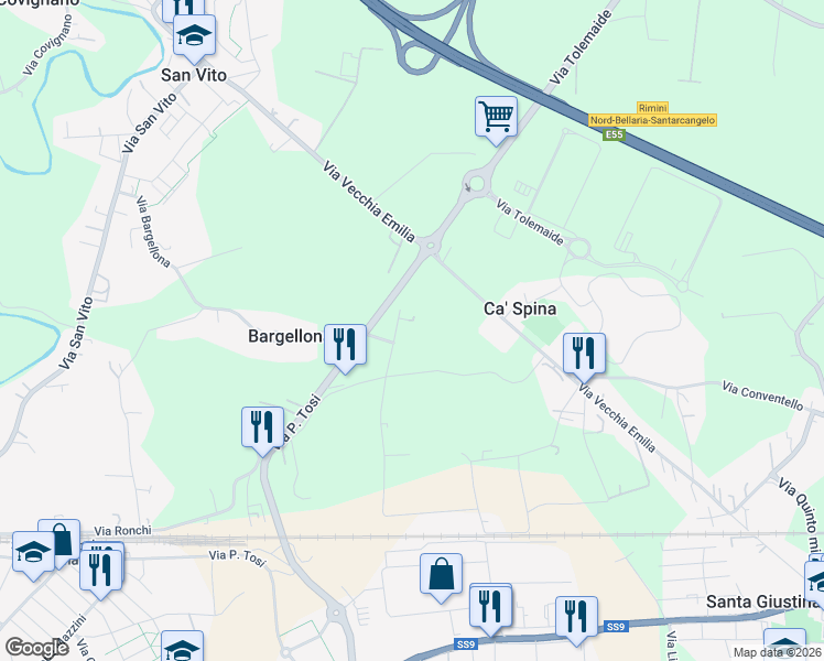 map of restaurants, bars, coffee shops, grocery stores, and more near 180b Via del Duro in Provincia di Rimini