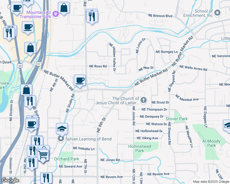 map of restaurants, bars, coffee shops, grocery stores, and more near 1005 Northeast Butler Market Road in Bend