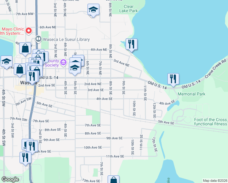 map of restaurants, bars, coffee shops, grocery stores, and more near 804 3rd Avenue Southeast in Waseca