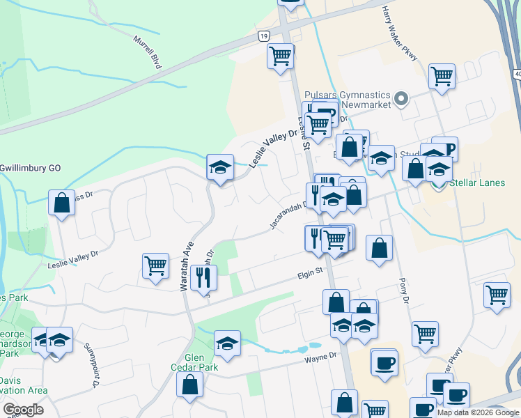 map of restaurants, bars, coffee shops, grocery stores, and more near 984 Krista Court in Newmarket
