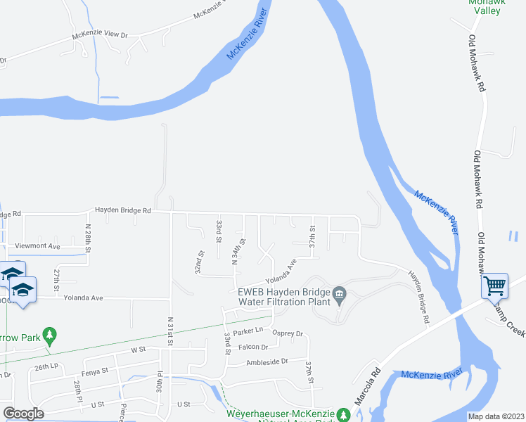 map of restaurants, bars, coffee shops, grocery stores, and more near 3500 Hayden Bridge Road in Springfield