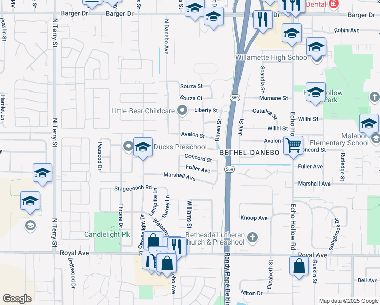 map of restaurants, bars, coffee shops, grocery stores, and more near 4688 Concord Street in Eugene