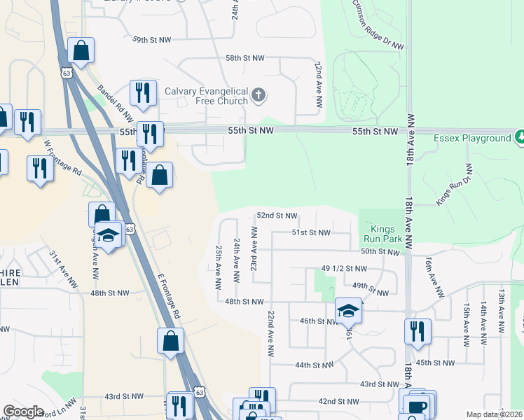 map of restaurants, bars, coffee shops, grocery stores, and more near 2227 52nd Street Northwest in Rochester