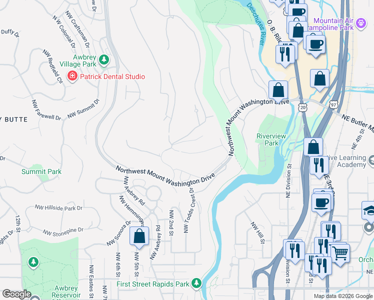 map of restaurants, bars, coffee shops, grocery stores, and more near 2580 Northwest Pine Terrace Drive in Bend