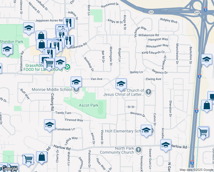 map of restaurants, bars, coffee shops, grocery stores, and more near 3022 Bailey Lane in Eugene
