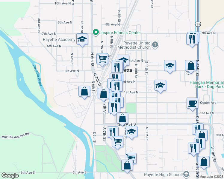 map of restaurants, bars, coffee shops, grocery stores, and more near 107 North Main Street in Payette