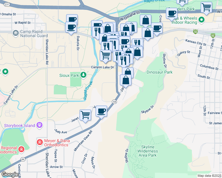 map of restaurants, bars, coffee shops, grocery stores, and more near 1025-1099 Mountain View Road in Rapid City