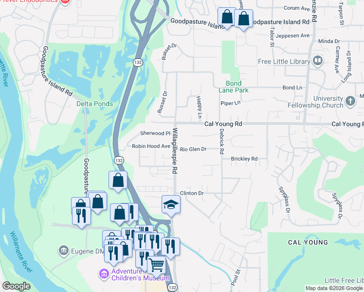 map of restaurants, bars, coffee shops, grocery stores, and more near 1053 Rio Glen Drive in Eugene
