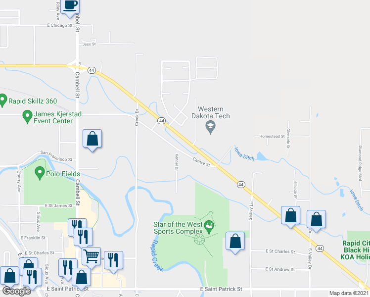 map of restaurants, bars, coffee shops, grocery stores, and more near 1770 Centre Street in Rapid City