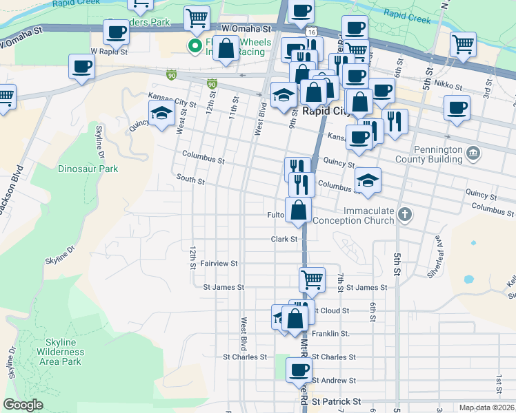 map of restaurants, bars, coffee shops, grocery stores, and more near 1016 West Boulevard in Rapid City