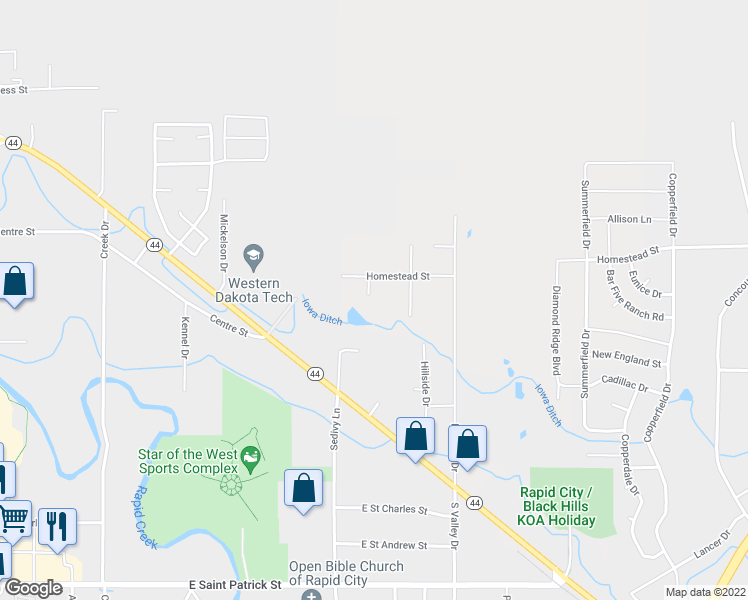 map of restaurants, bars, coffee shops, grocery stores, and more near 2415 Homestead Street in Rapid City
