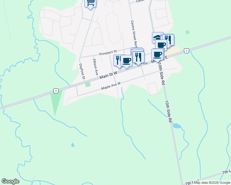 map of restaurants, bars, coffee shops, grocery stores, and more near 54 Tecumseth Street South in New Tecumseth