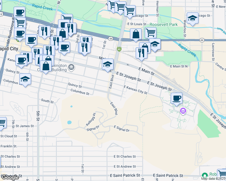 map of restaurants, bars, coffee shops, grocery stores, and more near 722 East Boulevard in Rapid City