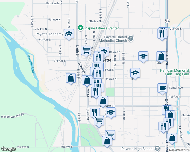 map of restaurants, bars, coffee shops, grocery stores, and more near 107 North Main Street in Payette