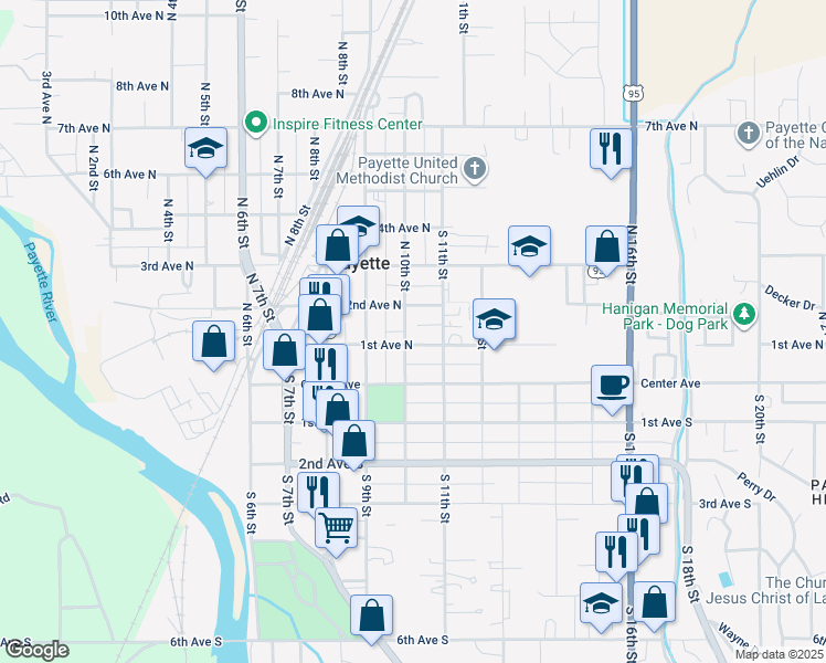 map of restaurants, bars, coffee shops, grocery stores, and more near 1023 1st Avenue North in Payette