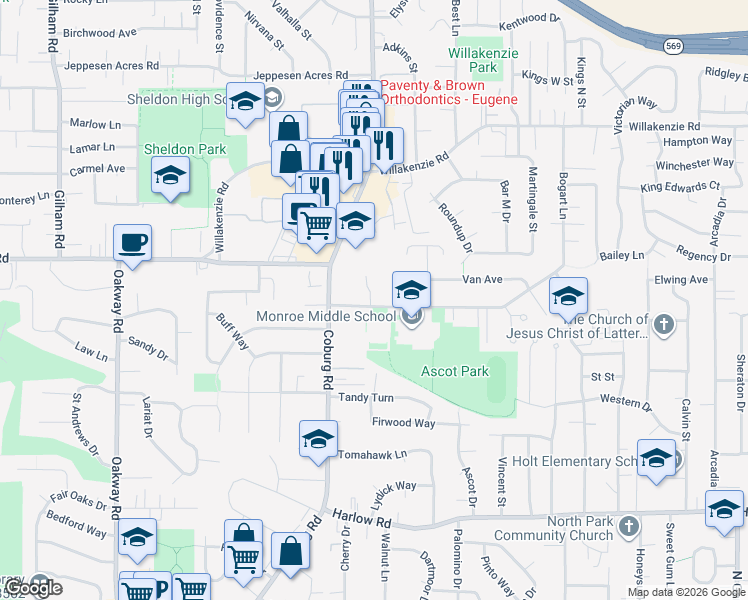 map of restaurants, bars, coffee shops, grocery stores, and more near 2754 Bailey Lane in Eugene