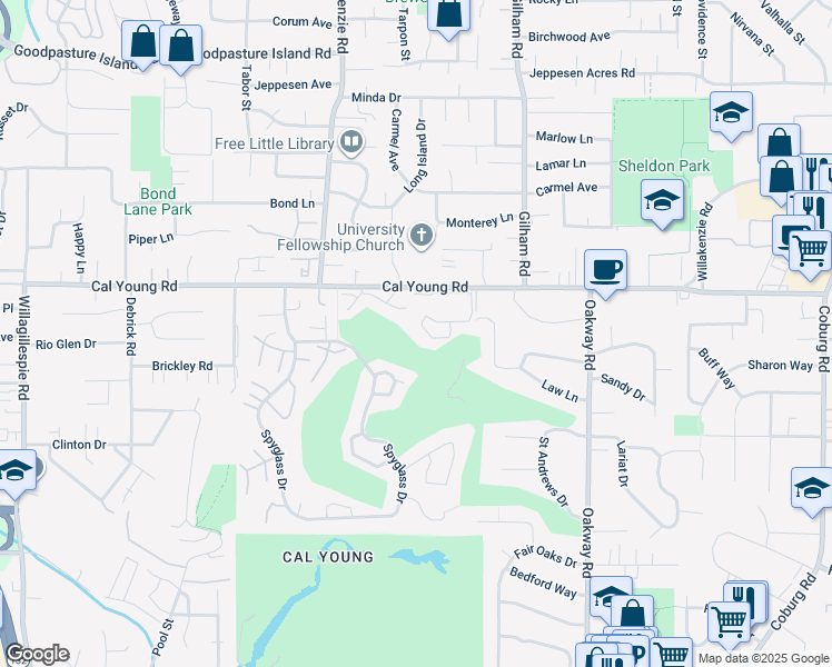 map of restaurants, bars, coffee shops, grocery stores, and more near 1155 Spyglass Dr in Eugene