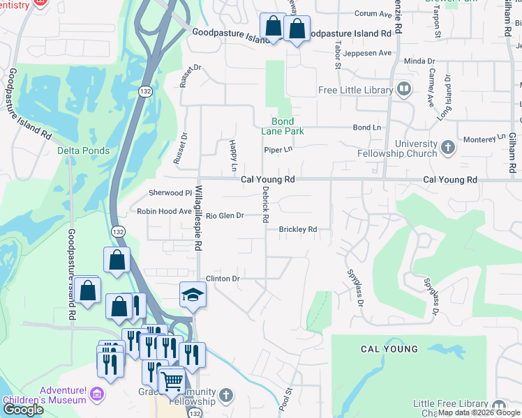 map of restaurants, bars, coffee shops, grocery stores, and more near 1325 Debrick Road in Eugene