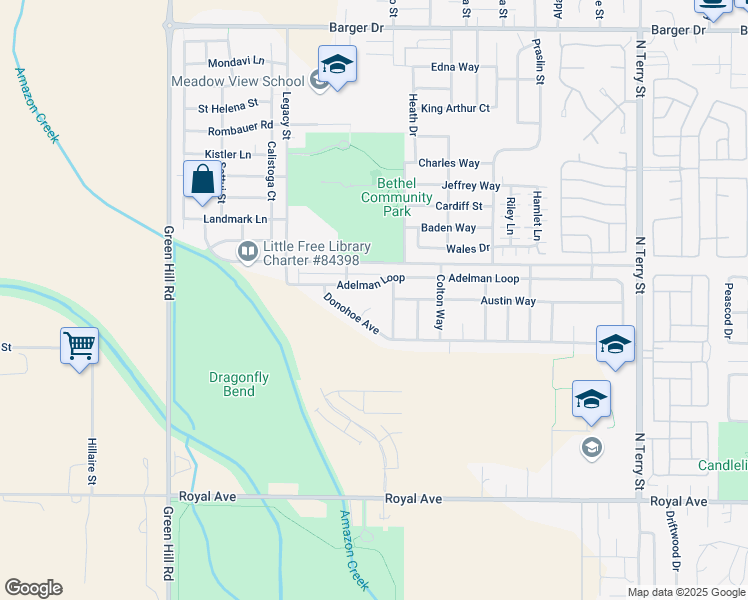 map of restaurants, bars, coffee shops, grocery stores, and more near 5735 Donohoe Avenue in Eugene