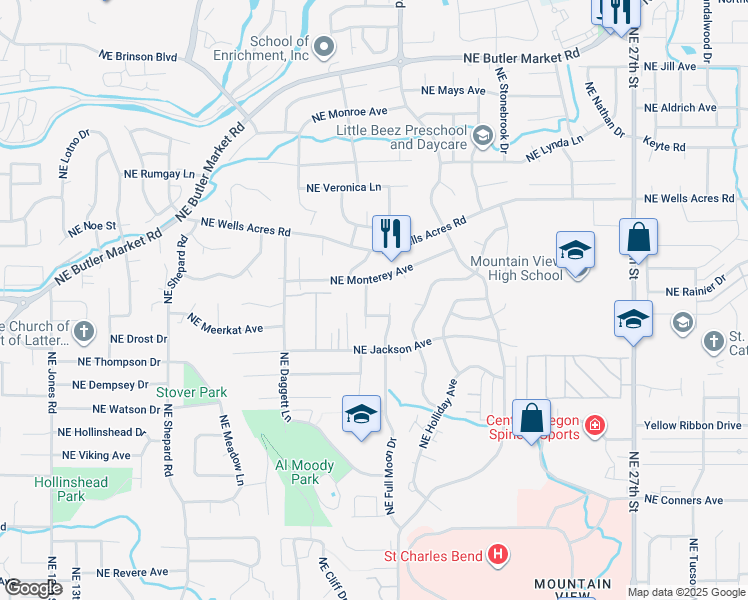 map of restaurants, bars, coffee shops, grocery stores, and more near 2652 Northeast Cordata Place in Bend