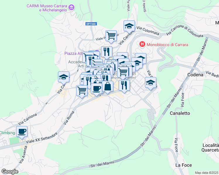 map of restaurants, bars, coffee shops, grocery stores, and more near Via A. Ceci in Carrara