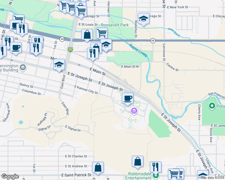 map of restaurants, bars, coffee shops, grocery stores, and more near 627 Birch Avenue in Rapid City