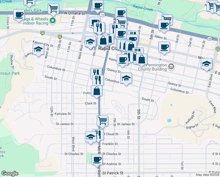 map of restaurants, bars, coffee shops, grocery stores, and more near 717 South Street in Rapid City
