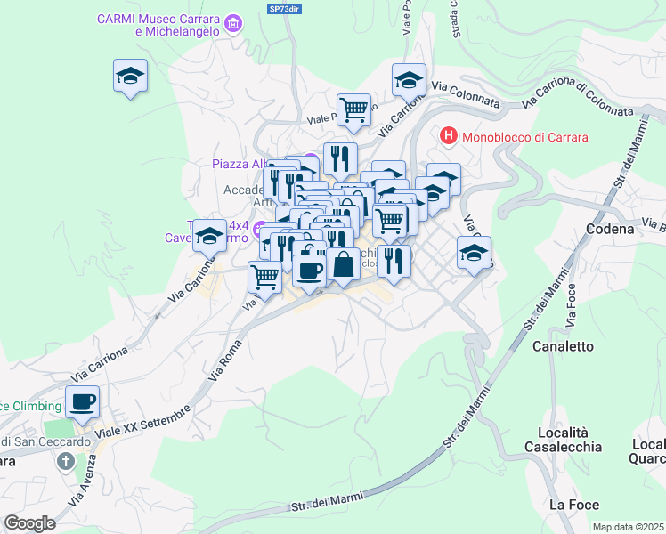 map of restaurants, bars, coffee shops, grocery stores, and more near Via Alfredo Ceci in Carrara