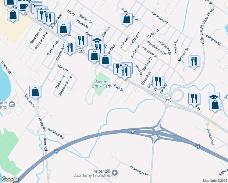 map of restaurants, bars, coffee shops, grocery stores, and more near 61 Jones Avenue in Lewiston