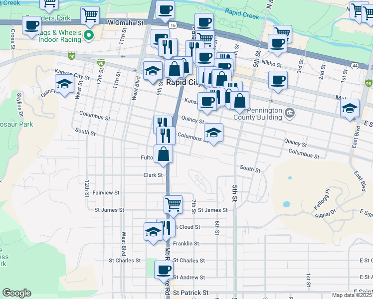 map of restaurants, bars, coffee shops, grocery stores, and more near 717 South Street in Rapid City